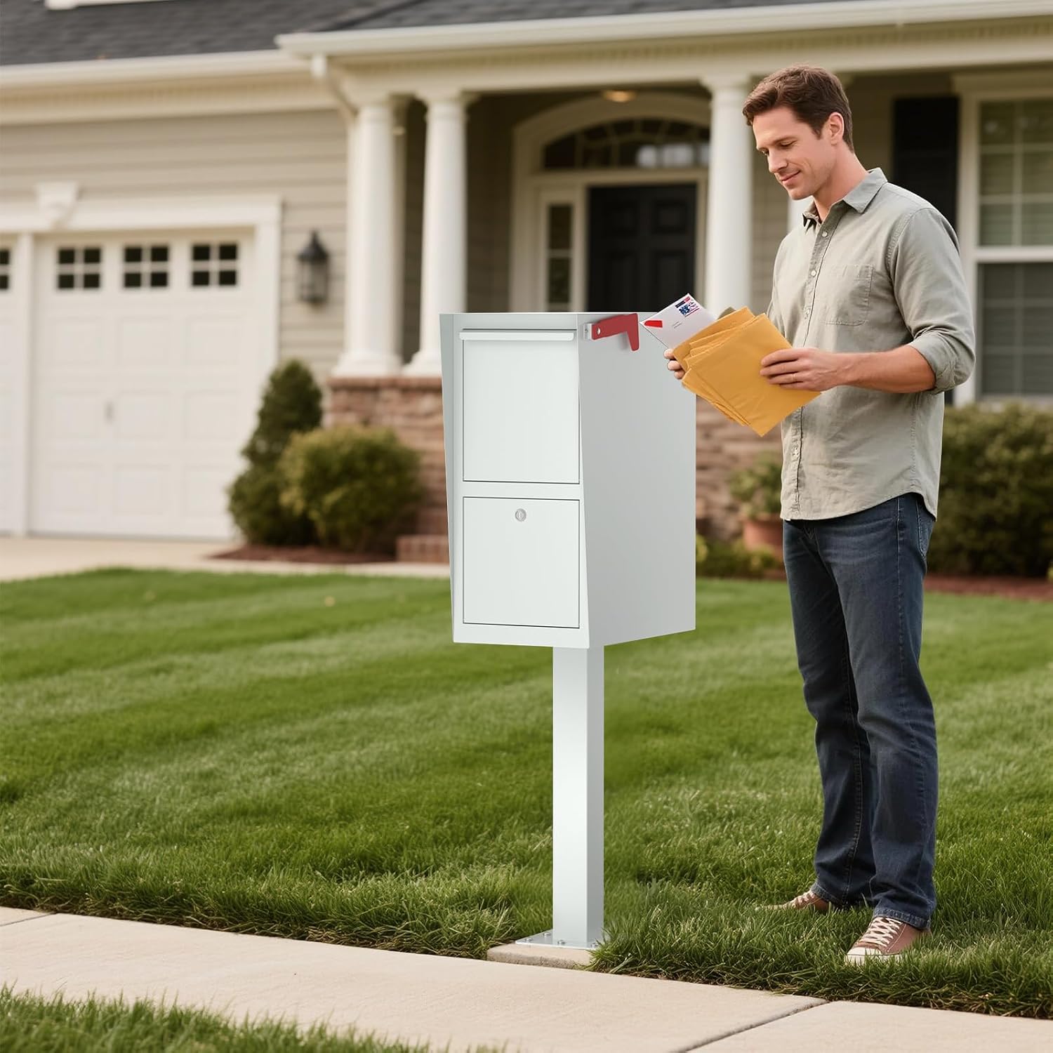POCHAR Large Locking Mailbox for Outside - Secure Curbside Mailbox Post Mount with Base Plate - Weekend-Away Design Outdoor Commercial Mail Box for Business, Package Drop Box, White