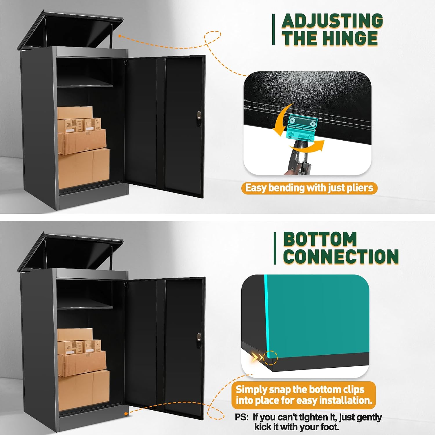 43.5' Package Delivery Box for Outside - Lockable Black Metal Parcel Drop Box, Anti-Theft, IPX4 Waterproof, Weather-Resistant Mailbox for Porch, Fence, Curbside (XL)