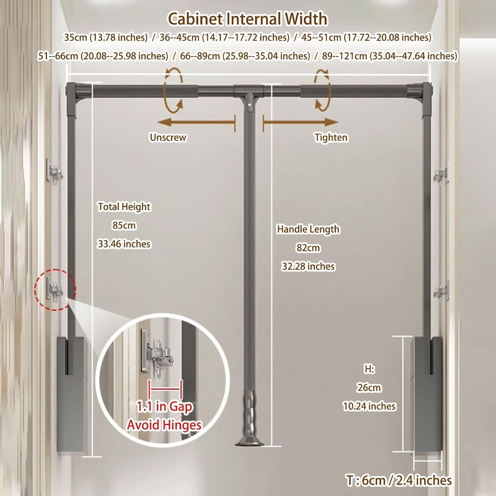 Pull Down Closet Rod,44 Lbs Load Capacity,Adjustable Width Wardrobe Lift Rail Organizer,Side Mounted Hanger,Storage Organizer Soft Close Garment Hanging Rack(Size:66-89cm (25.98-35.04 inches))