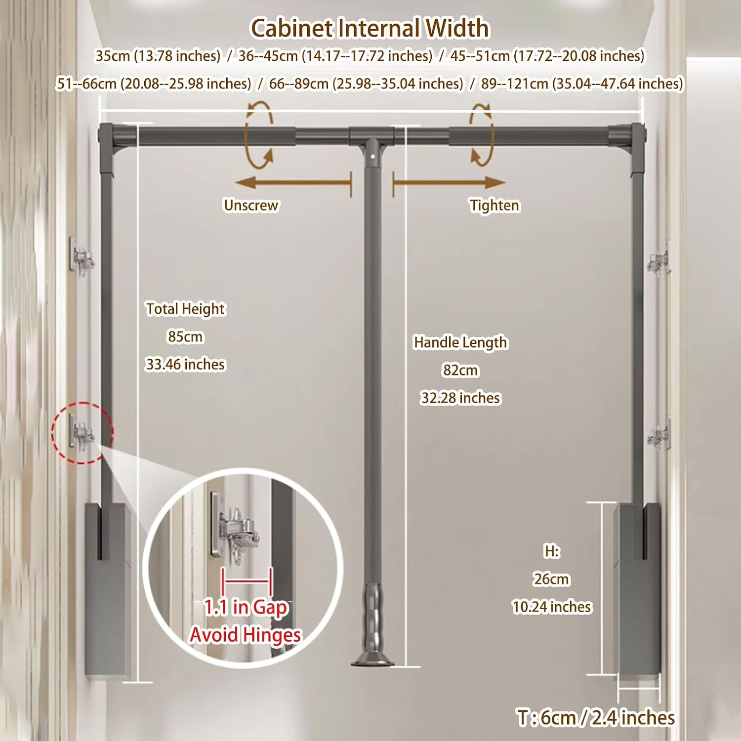 Pull Down Closet Rod,44 Lbs Load Capacity,Adjustable Width Wardrobe Lift Rail Organizer,Side Mounted Hanger,Storage Organizer Soft Close Garment Hanging Rack(Size:89-121cm (35.04-47.64 inches))