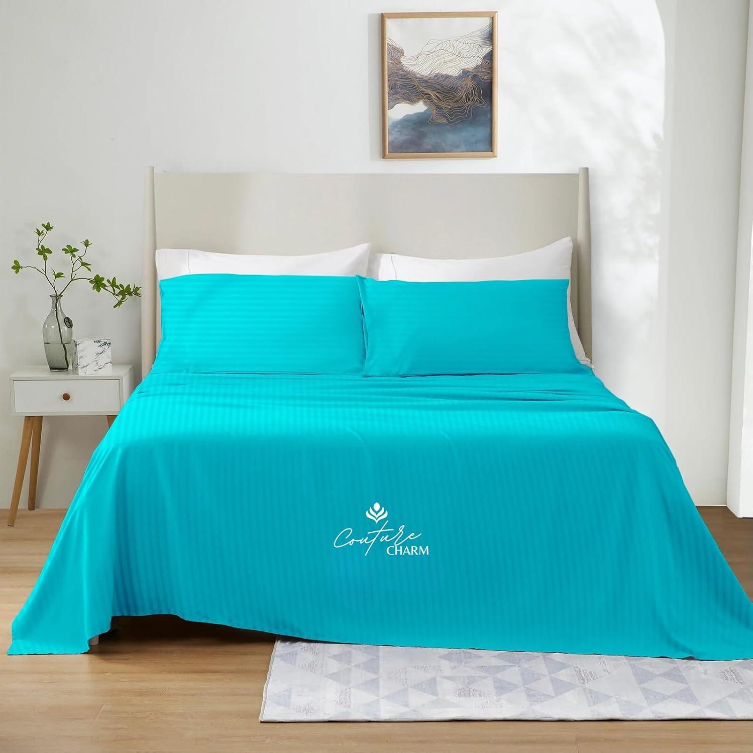 Queen Size 1000 Thread Count 100% Egyptian Cotton Sheet Set, 4-Piece, Sateen Weave, with 10-12'' Deep Pocket Snug Fit (Stripe, Turquoise)