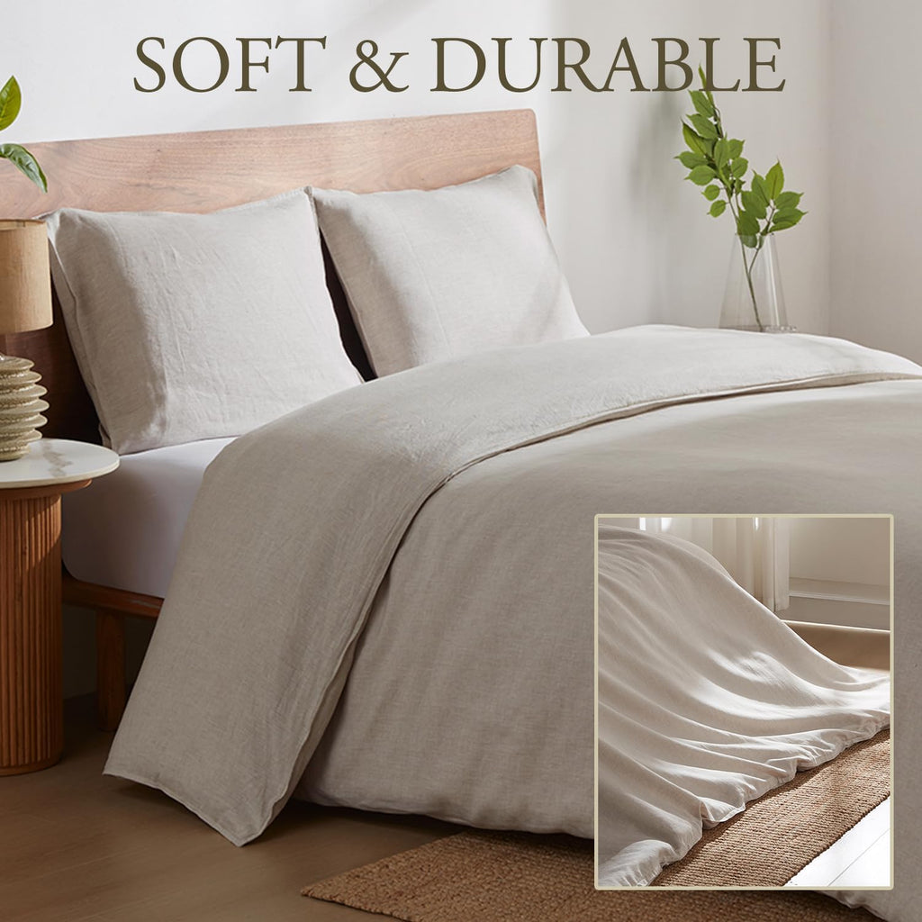 DAPU 100% Linen Duvet Cover Set 3PCs, Pure Natural French Flax Linen Duvet Cover King 90'x104' with Corner Ties and Zipper Closure, Soft Breathable Durable for Hot Sleepers (Natural Linen, King)