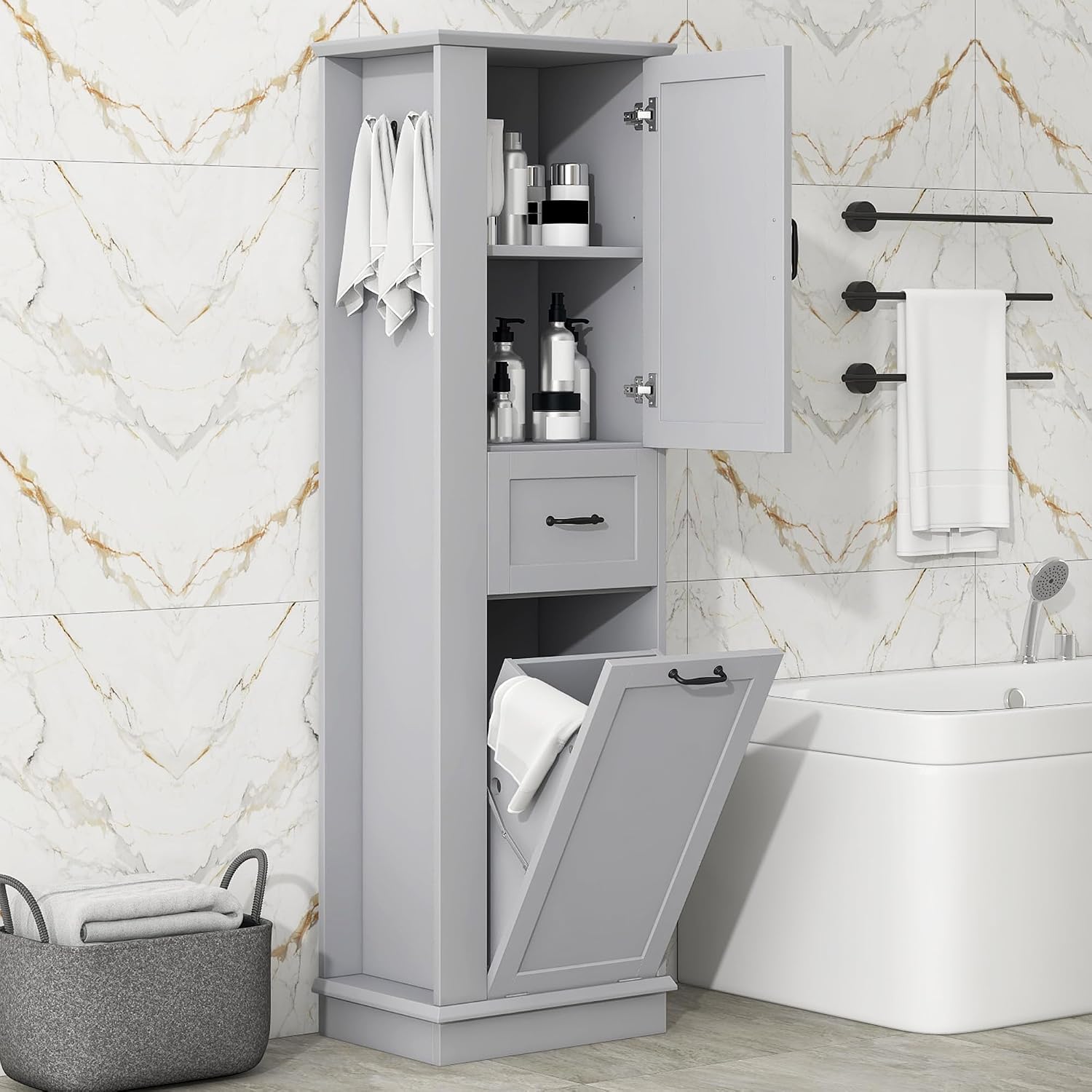 Tall Bathroom Storage Cabinet with Tilt-Out Compartment, Modern Bathroom Accent Storage Cabinet with Adjustable Shelves, Soft-Close Hinges, for Home Kitchen, Living Room (Gray Style5)
