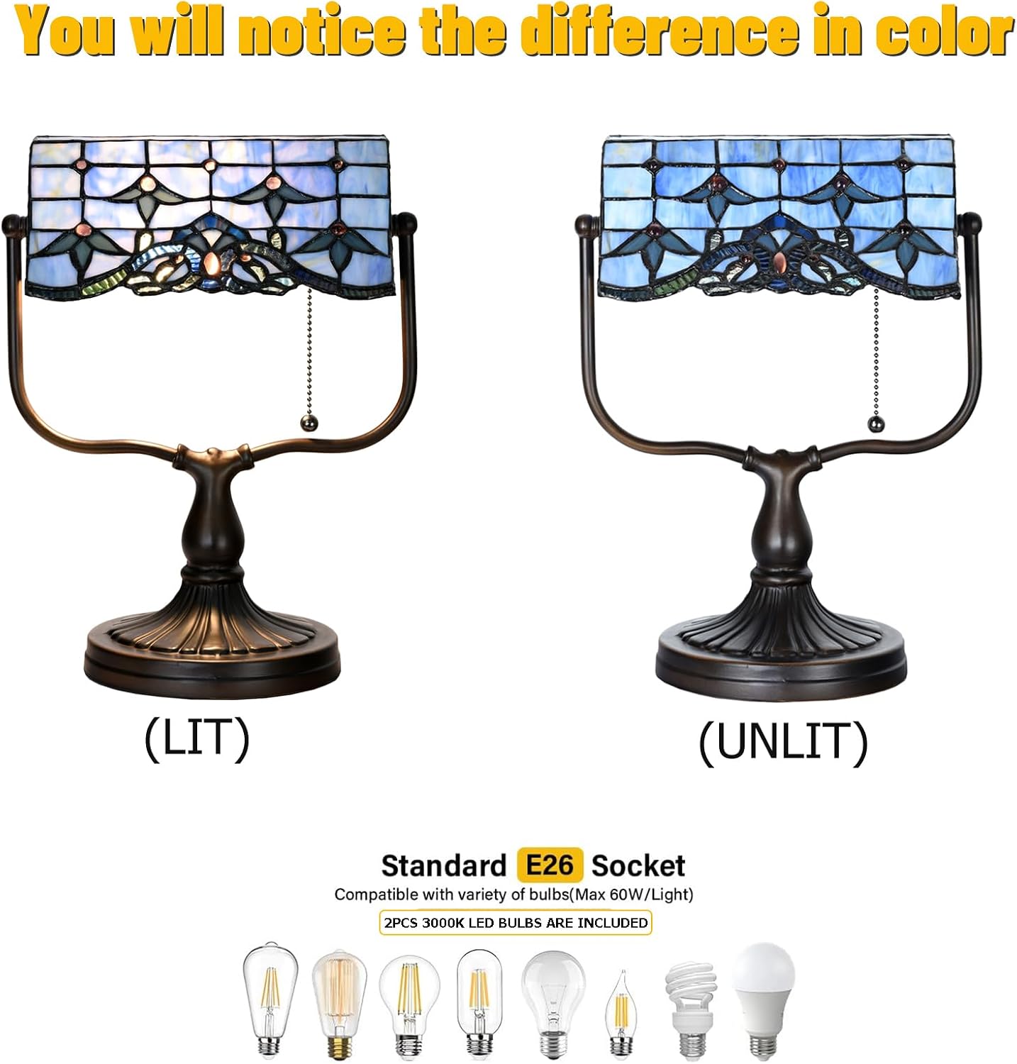 TL0031 Tiffany Banker Desk Lamp Stained Glass Blue Baroque Shade with Vintage Bronze Base W10.25 X OH13 Inch. Perfect for Piano Kitchen Beside Table, LED Bulb Included (Baroque)
