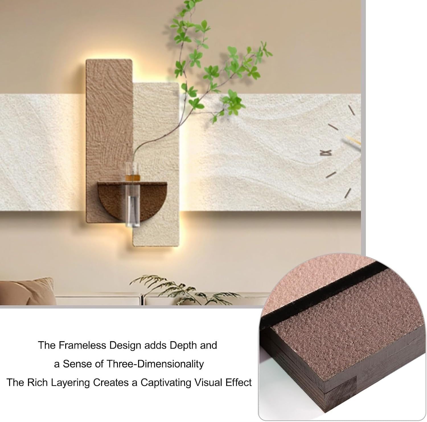 PAKMEZ Plug-in Power Supply Sandstone Wall Art with Clock, Sandstone Decor Wall Art Painting with Vase and Fake Plant, Home Decor for Living Room Office Study(Green,100 * 40cm/39.4 * 15.7in)