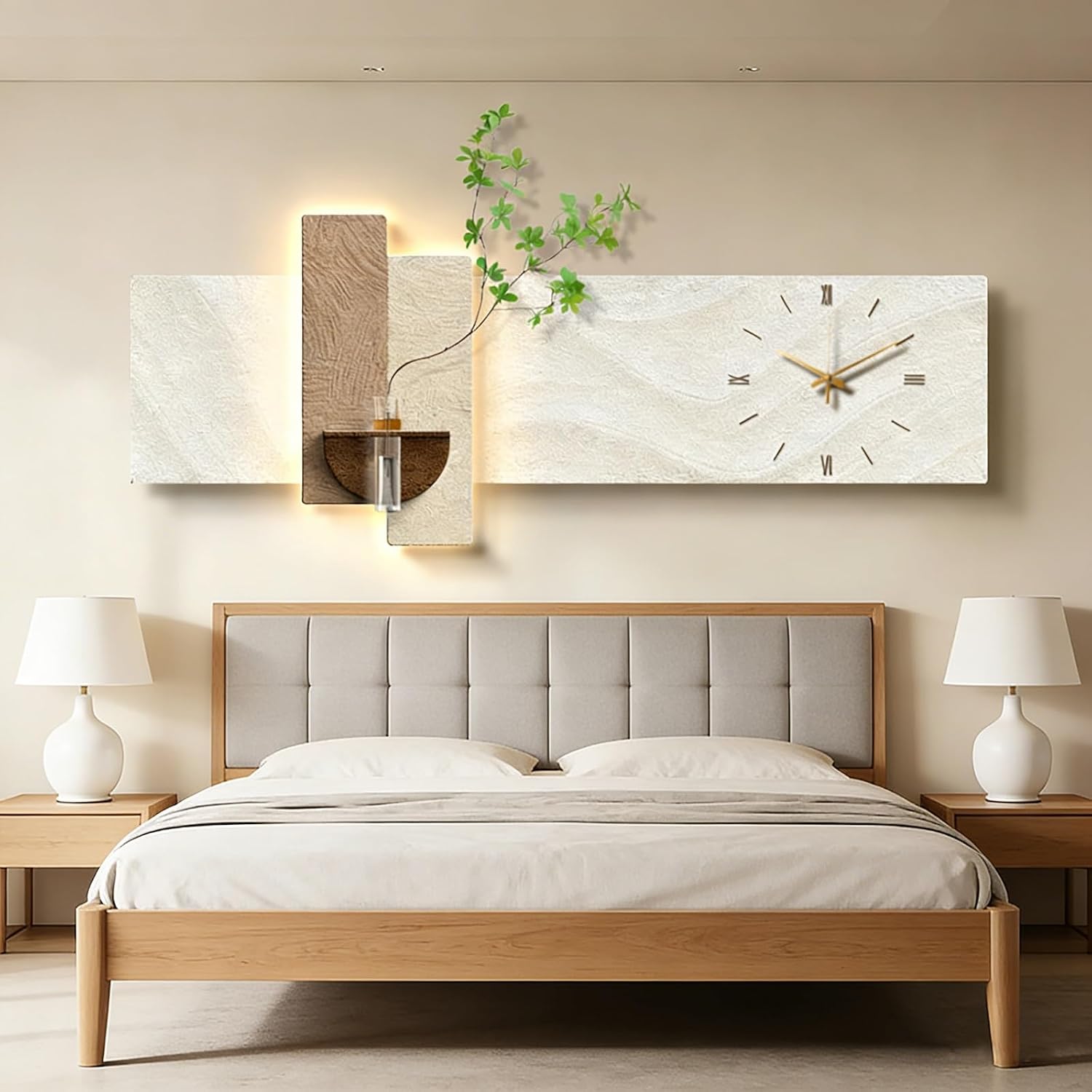 PAKMEZ Plug-in Power Supply Sandstone Wall Art with Clock, Sandstone Decor Wall Art Painting with Vase and Fake Plant, Home Decor for Living Room Office Study(Green,100 * 40cm/39.4 * 15.7in)