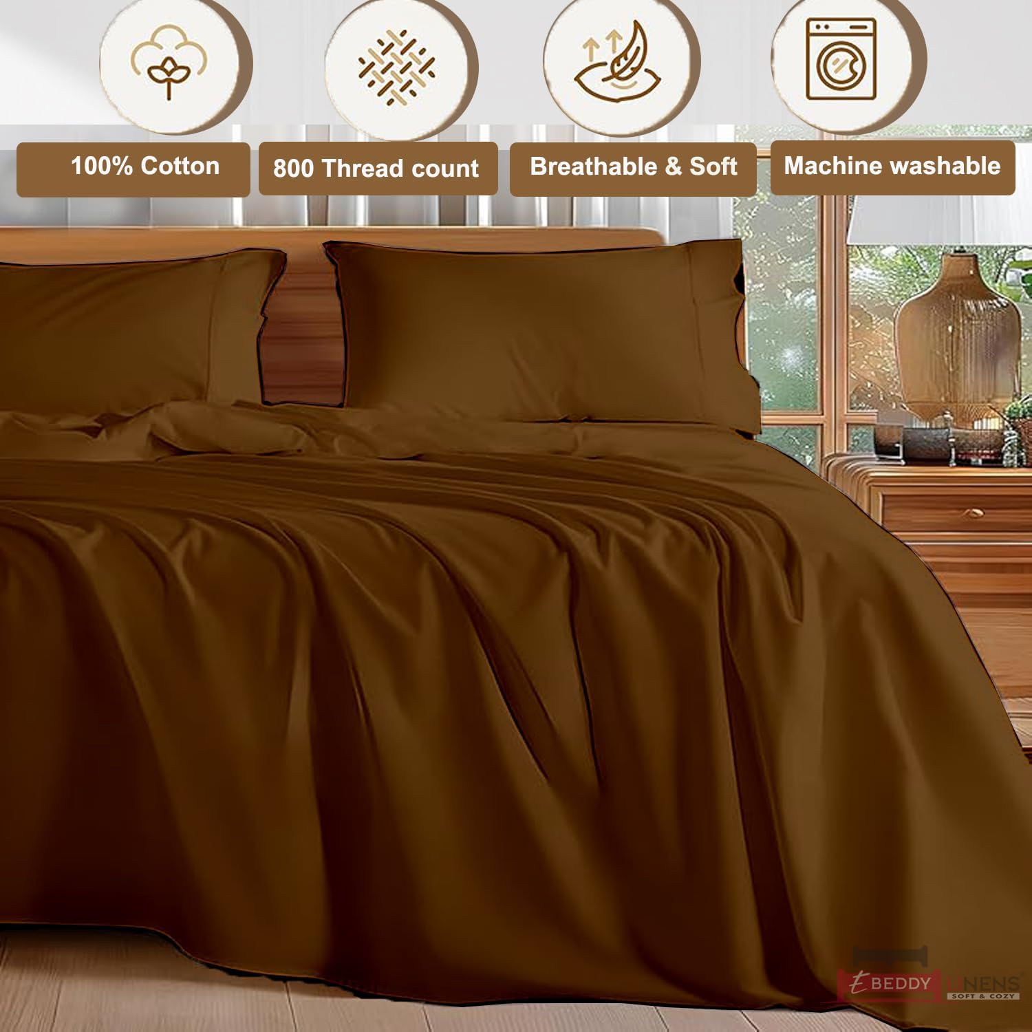 eBeddy Linens | Famaily King 120' x 80' Size Sheet Set | Brown Solid | 4 Piece Set | Hotel Luxury Bed Sheets Silky Soft 800-TC Long Staple Egyptian Cotton Sheet Set 18 Inch Deep Pocket