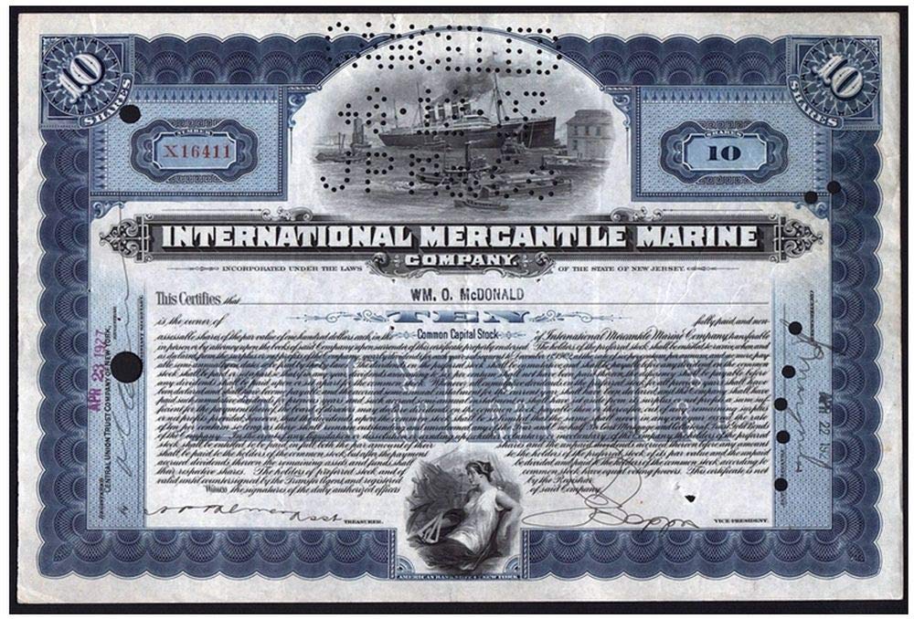 1918 ORIGINAL TITANIC STOCK CERTIFICATE ENGRAVED IN 1902! HAND SIGNED! RARE COBALT BLUE VARIETY! Various Share Amounts EXTREMELY FINE