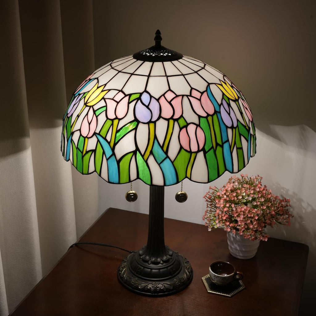 Tiffany Lamp Pink Yellow Tulips Stained Glass Table Lamp 16 inch Large Desk Light Antique Beside Reading Lamp for Home Living Room Bedroom Office
