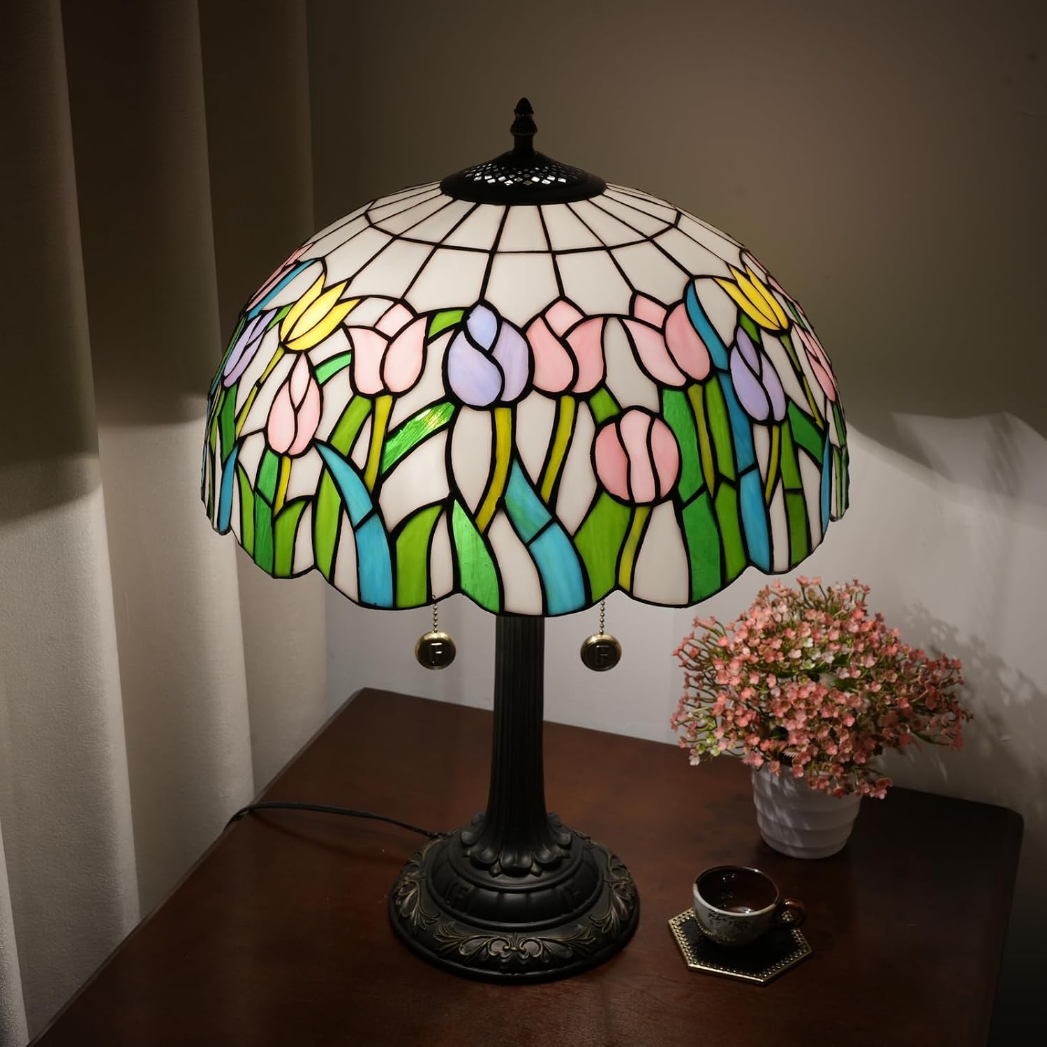 Tiffany Lamp Pink Yellow Tulips Stained Glass Table Lamp 16 inch Large Desk Light Antique Beside Reading Lamp for Home Living Room Bedroom Office