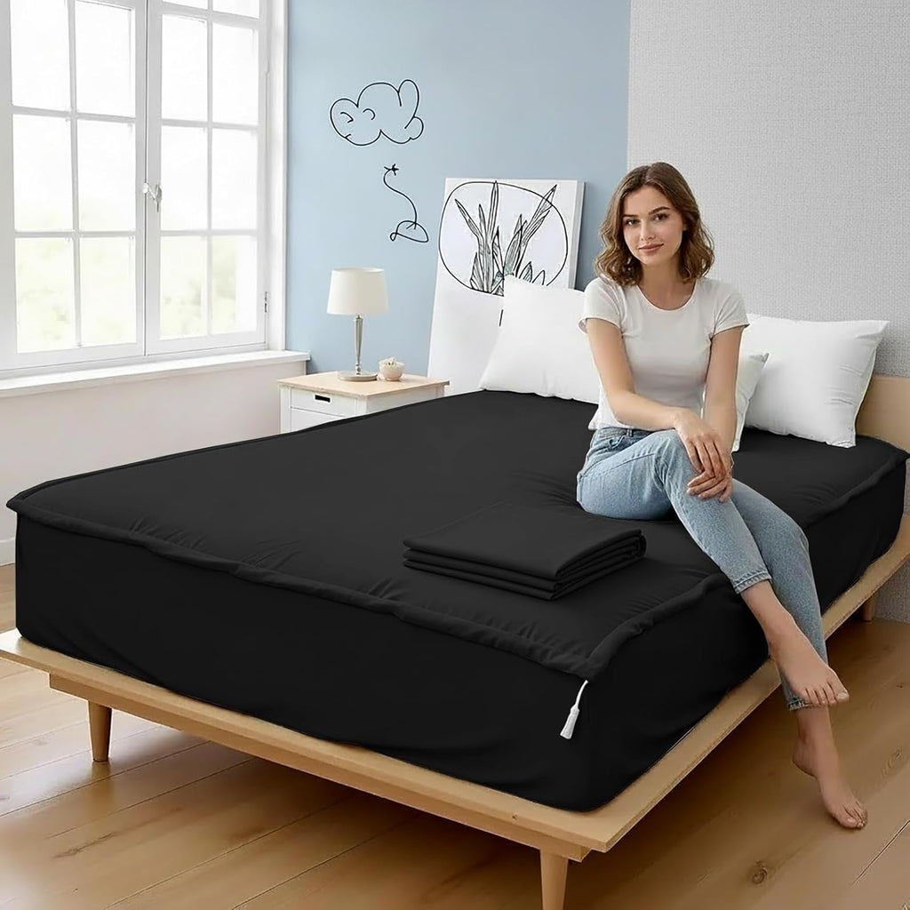 Zipper Fitted Sheet - Includes 1 Fitted Sheet Base & 2 Zip-On Sheets - Upto 16' in. Deep Pockets Queen Size Zipper Fitted Sheet - Easy to Change, Sateen Cotton 600 TC Fitted Sheet - Black