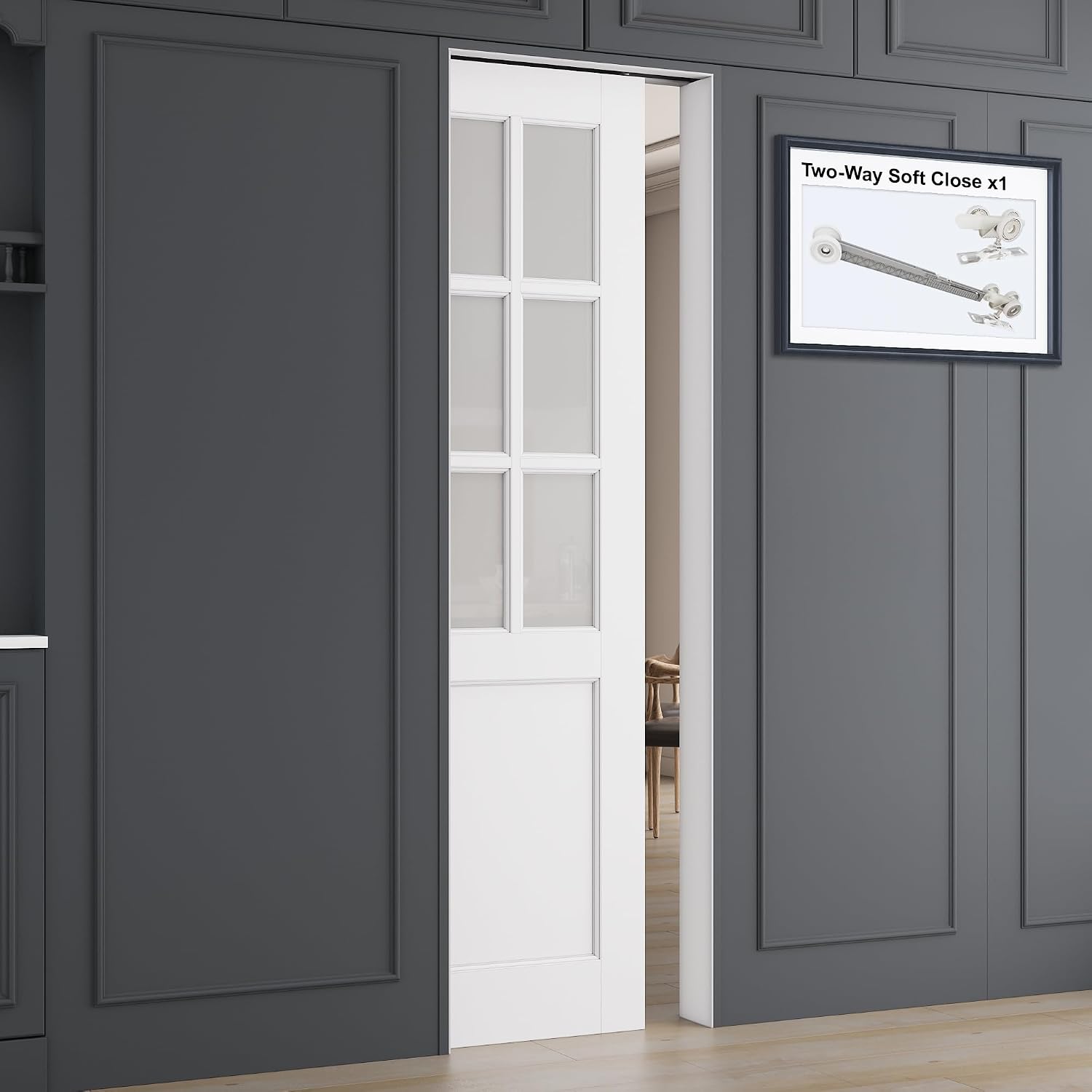 All-Inclusive Soft-Close Sliding Pocket Door 24' x 80' 6-Lite Frosted Glass Sliding Doors with Frame & Hardware Kit, Pocket Interior Doors for Home, White Primed