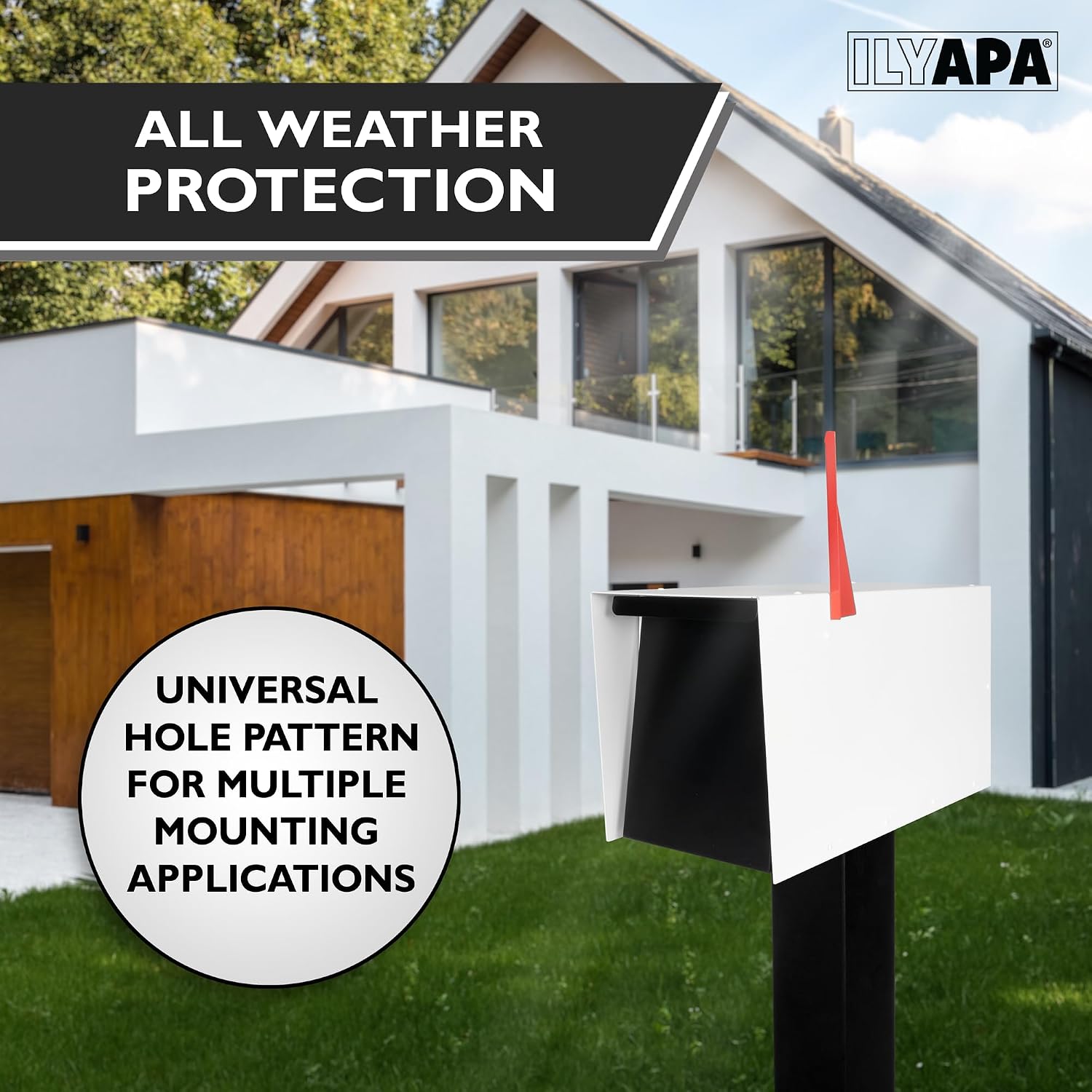 Ilyapa Modern Mailbox & Post: White Steel, Waterproof, Magnetic Door Mailbox with Black Metal Post & Universal Mount for Parcels & Residential Curbside Mail Delivery