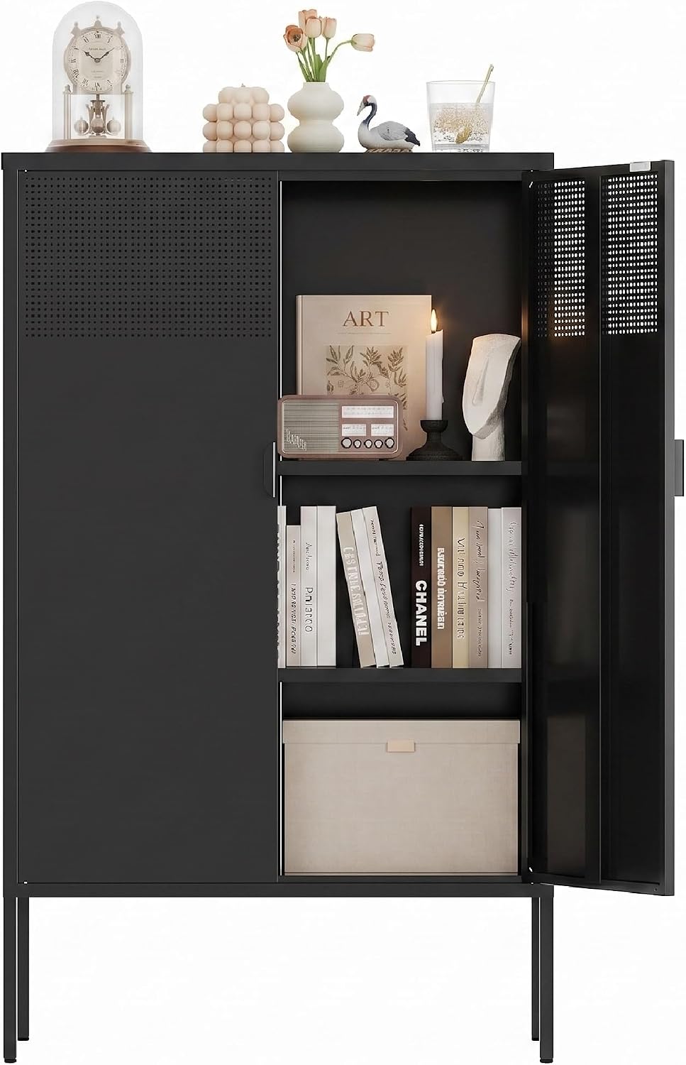 Black Metal Storage Cabinet,2 Door TV Stand, Metal Mesh Accent Cabinet,Magnetic Door Closure,Low Storage Cabinets with Doors and Shelf for Home,Office,Living Room