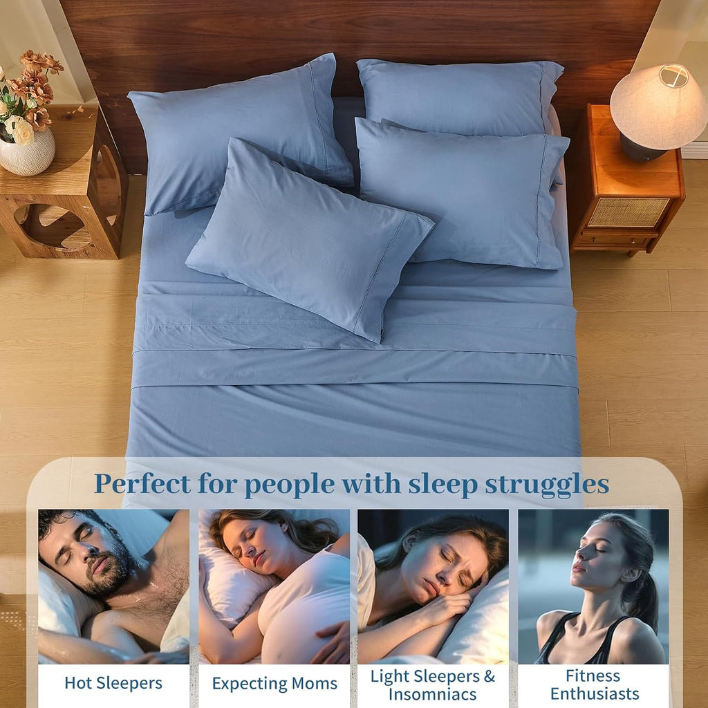 MEISHANG 100% French Pure Linen Sheets Queen Size - Bed Sheets 4 Piece Sets, Soft Durable Flax Linen, Anti-Tear Breathable Oeko-Tex Certified with 16' Deep Pocket (Dusty Blue)