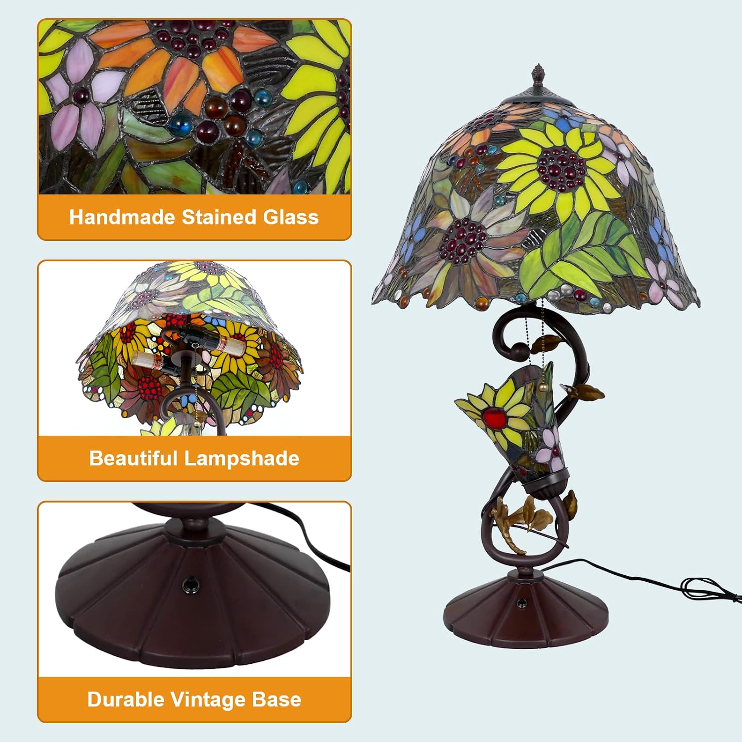 Sunflowers Tiffany Table Lamp Multi-Color Flowers Table Lamp Stained Glass Lamp 16X16X28 Inch Bedside Nightstand Reading Desk Light for Bedroom Home Office Decor, LED Bulb Included