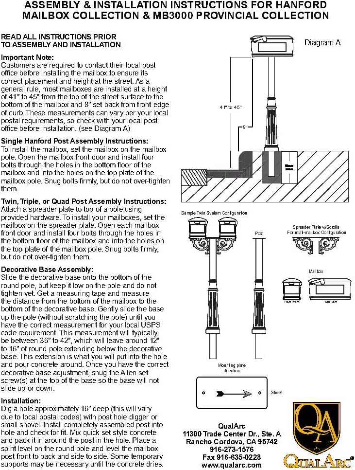 The Hanford Cast Aluminum Twin Mailbox Post System with Fluted Base, 2 E1 Mailboxes, Mounting Brackets and Scroll Supports, Ships in 2 boxes