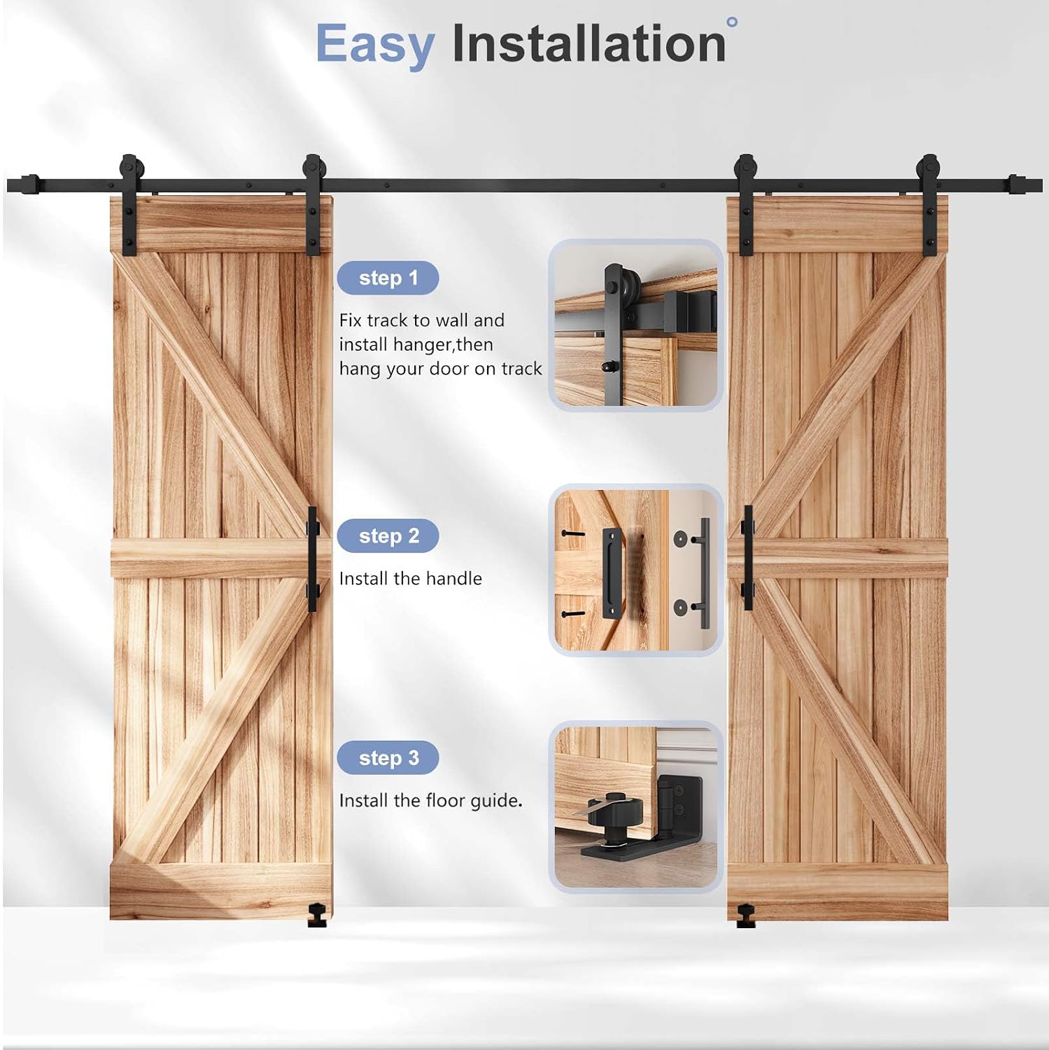 EaseLife 10 FT Double Sliding Barn Door Track and Handle Hardware Kit,Straight Pulley,Slide Smoothly Quietly,Easy Install (10FT Track Kit for 27'~30' Wide Double Door)