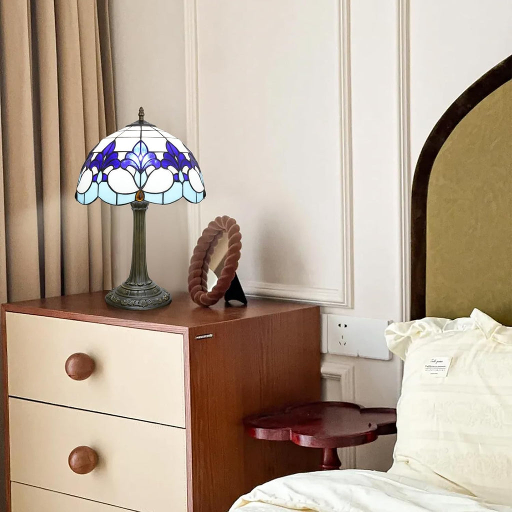 Tiffany Style Table Lamp with Blue Iris Stained Glass Lamp 12 Inch Retro Bronze Base Bedside Lamp Living Rooms, Offices, Hotel，Coffee Shop European Style Decorative Ambient Light Bedside Lamp