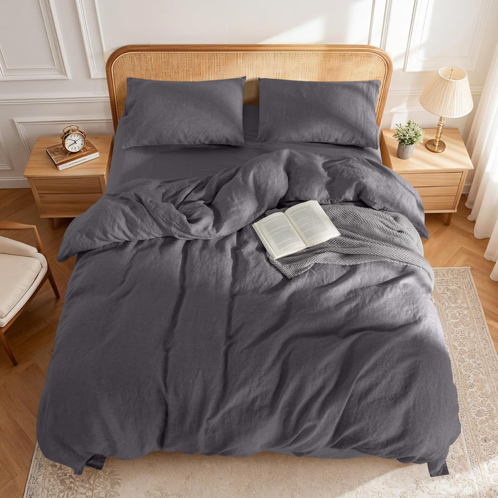 LBRO2M 100% France Linen Duvet Cover Set 3 Pcs Including 1 Flax Comforter Cover with Zipper Closure, 2 Pillowcase, Cozy Duvet Cover Queen Size, Dark Gray