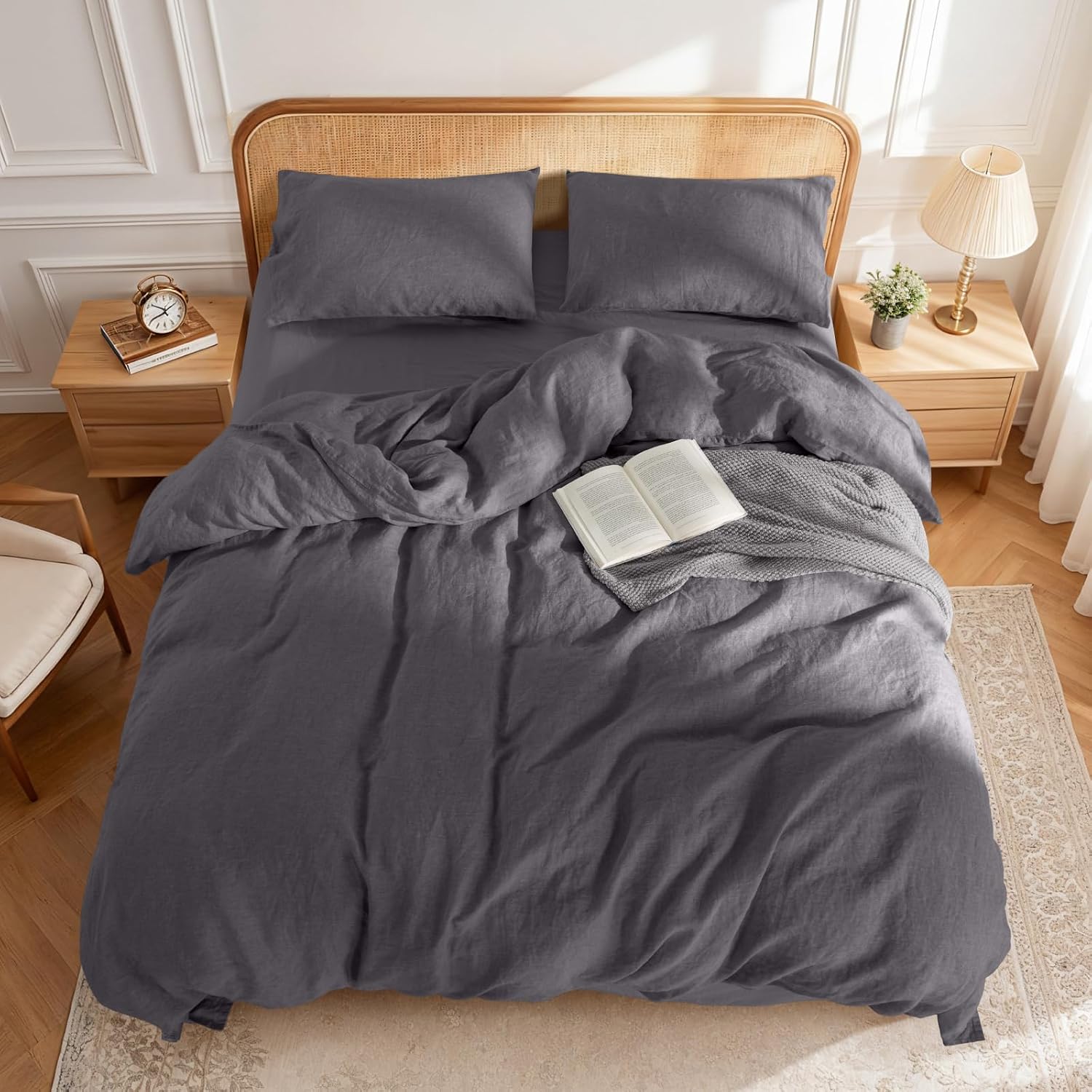 LBRO2M 100% France Linen Duvet Cover Set 3 Pcs Including 1 Flax Comforter Cover with Zipper Closure, 2 Pillowcase, Cozy Duvet Cover Queen Size, Dark Gray