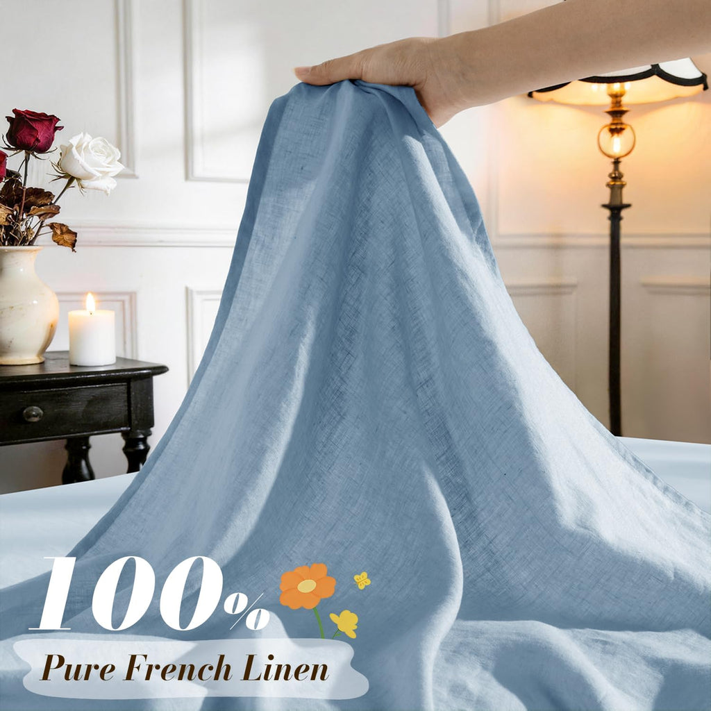 SONORO KATE 100% French Pure Linen Sheets, Breathable and Durable Queen Size Sheets, 16 Inch Deep Pocket - 4 Piece (Dusty Blue)