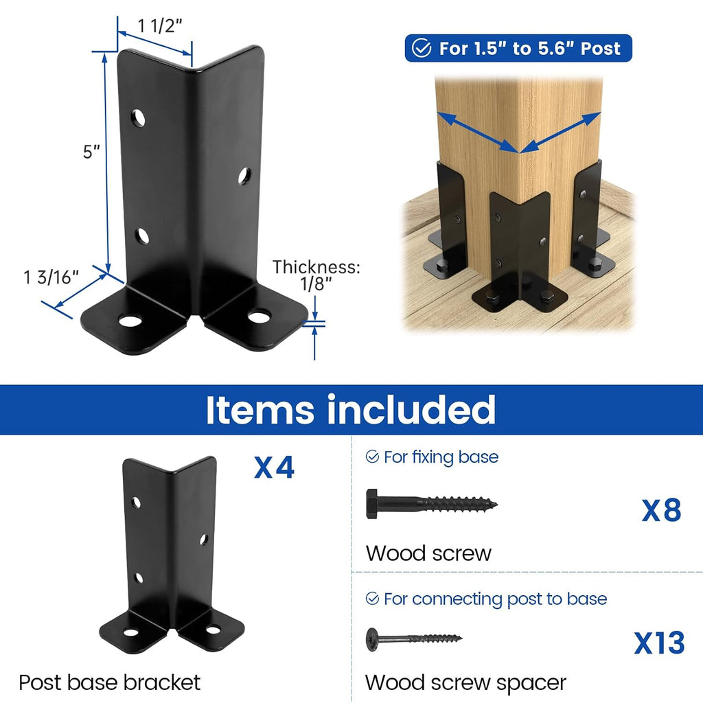 Muzata 4Pack Adjustable Post Base Brackets Deck Post Anchor Fit for Deck Railing Mailbox WT32 Bundle with 50Pack 32' Aluminum Deck Balusters Square Black for Wood and Composite Deck WT26