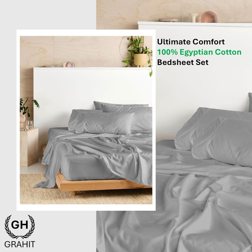 100% Egyptian Long Staple Cotton Bedsheet Set, 800 Thread Count, 6-PC Sheets Set, Silver Grey Color, Queen Size, 15 Inch Deep Pocket of Fitted Sheet, Soft Sateen Weave Breathable