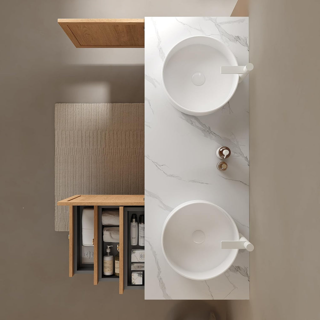 60' Bathroom Vanity with Double Ceramic Sinks, Freestanding Plywood Storage Cabinet with 3 Drawers and 2 Soft Close Doors, 5 Metal Legs, Modern Wooden Bathroom Vanities, Pre-Assembled, Oak