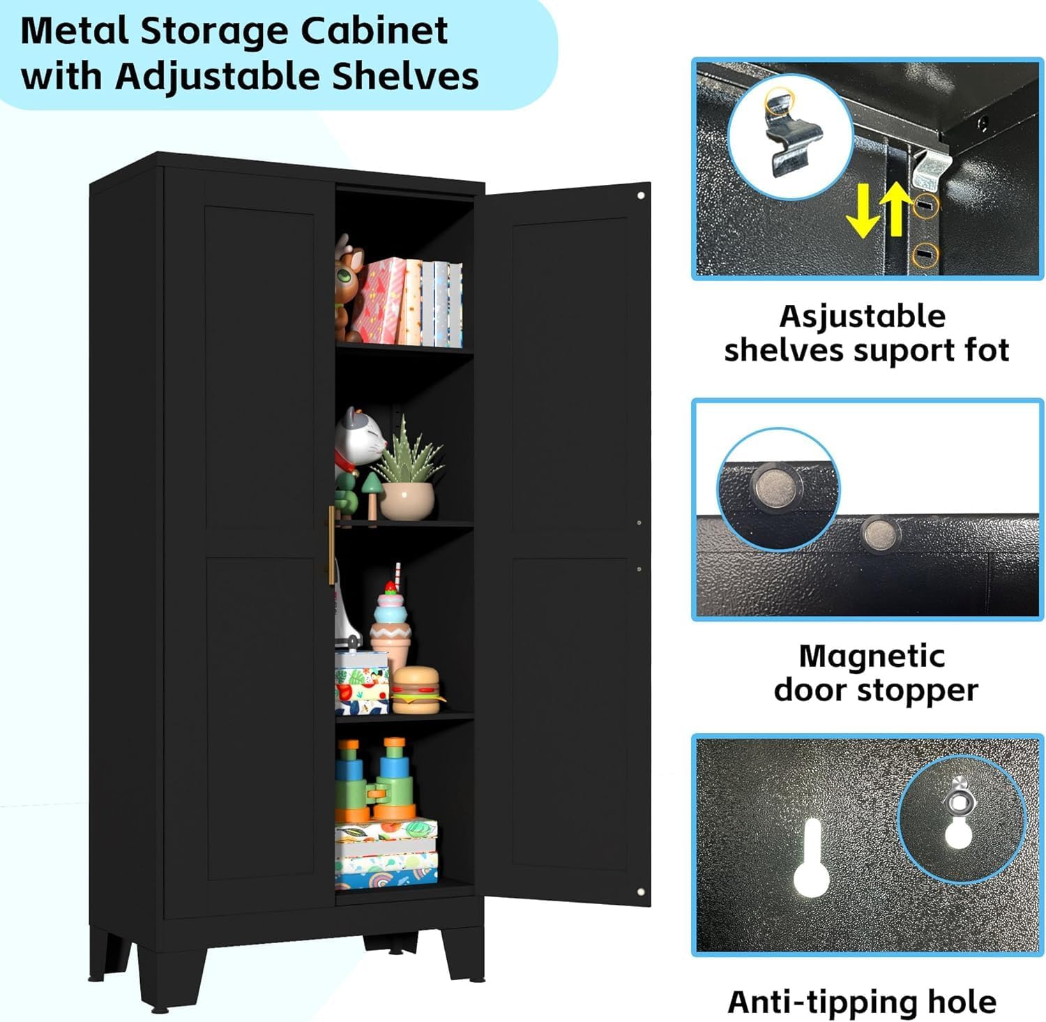 erosoei 61.02'H Metal Pantry Storage Cabinet, Kitchen Storage Cabinets with Adjustable Feet and Shelves, Pantry Cabinet for Kitchen, Living Room, Laundry Room and Dinning Room
