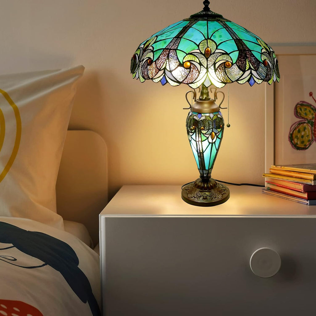 Tiffany Lamp Green Handmade Stained Glass Table Lamp Desk Light 18' Wide 24' Tall Vintage Tiffany Style Table Lamp for Bedroom Living Room Home Office, LED Bulb Included