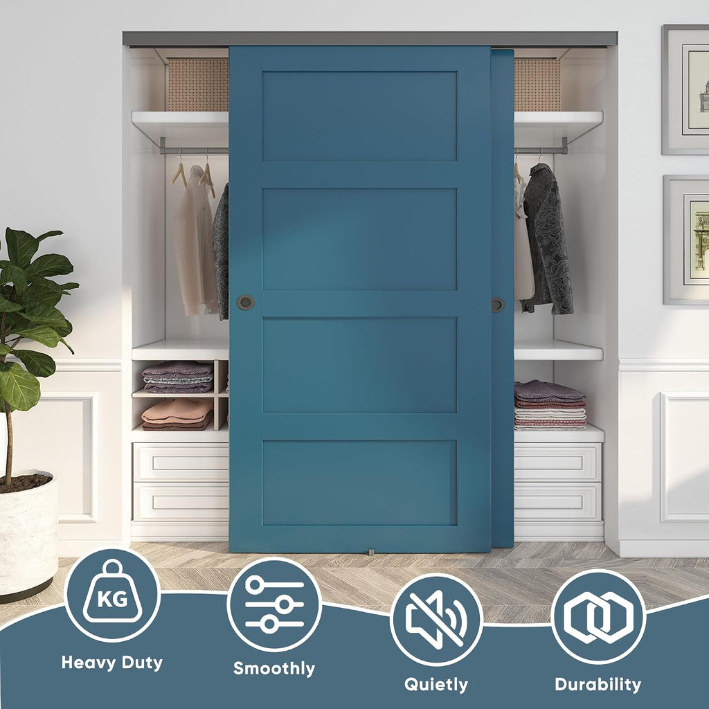 JUBEST 8FT/96 Heavy Duty Bypass Door Hardware with Soft Close Mechanism, Sturdy Closet Door Track for 2 Door System, Quietly and Smoothly, Fit Door Thickness 1 3/8' or 1 3/4', Easy to Install, Black