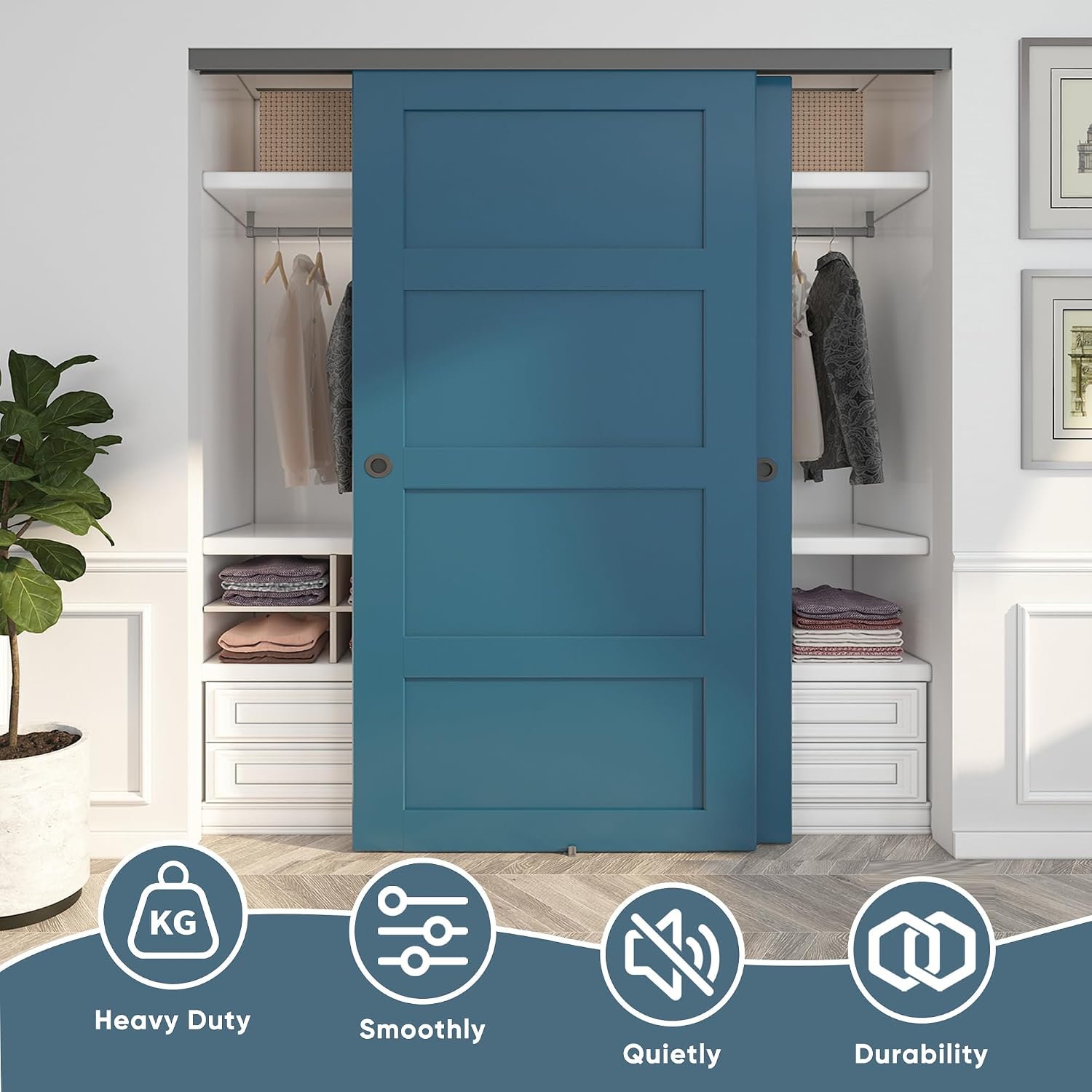 JUBEST 8FT/96 Heavy Duty Bypass Door Hardware with Soft Close Mechanism, Sturdy Closet Door Track for 2 Door System, Quietly and Smoothly, Fit Door Thickness 1 3/8' or 1 3/4', Easy to Install, Black