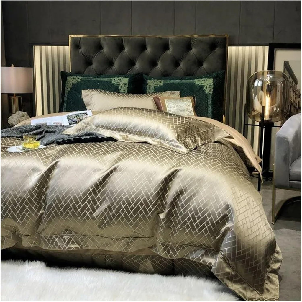 Luxury Black Gold Yarndyed Jacquard Egyptian Cotton Smooth Duvet Cover Queen King Bedding Set Flat Sheet Pillowcases, for All Seasons(Champagne Color,King)