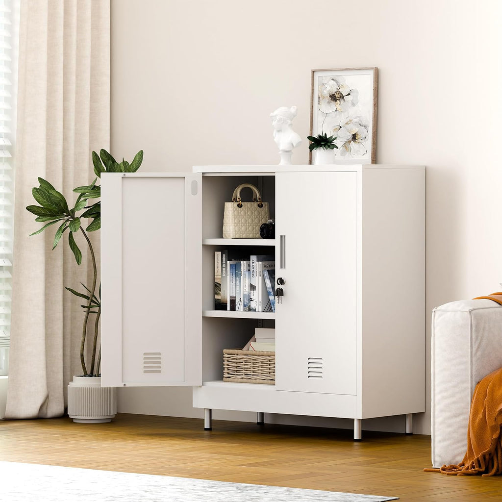 JINGUR Metal Storage Cabinet with Locking Doors and 2 Adjustable Shelves, Lockable Storage Cabinet for Home Office Garage Pantry Living Room (White)