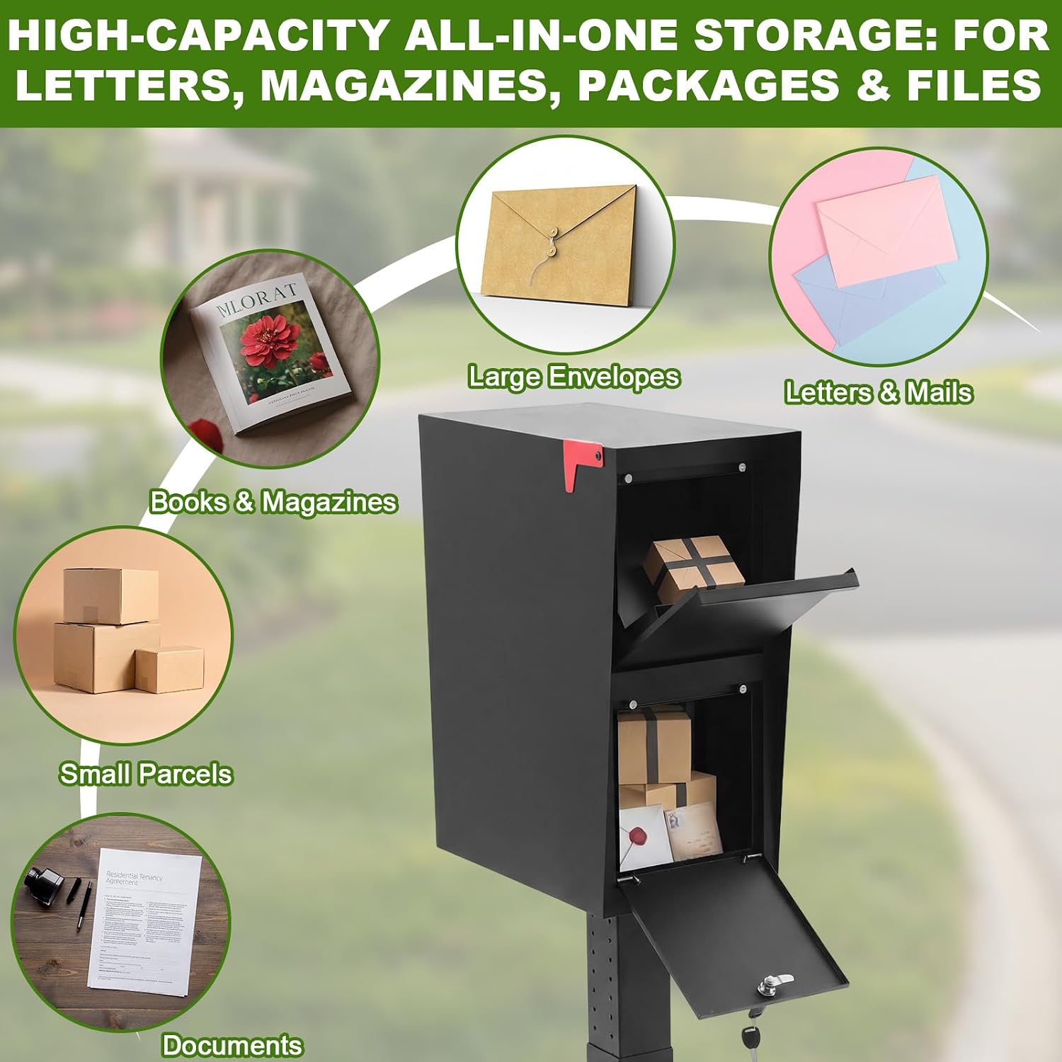 Large Mailbox Cold Rolled Steel Post Mailbox with Anti-Theft Lock, Key, Mounting Base and Mounting Post, Black, 9.6' H x 10' W x 19.6' D, Weatherproof Mailboxes for Outside the House