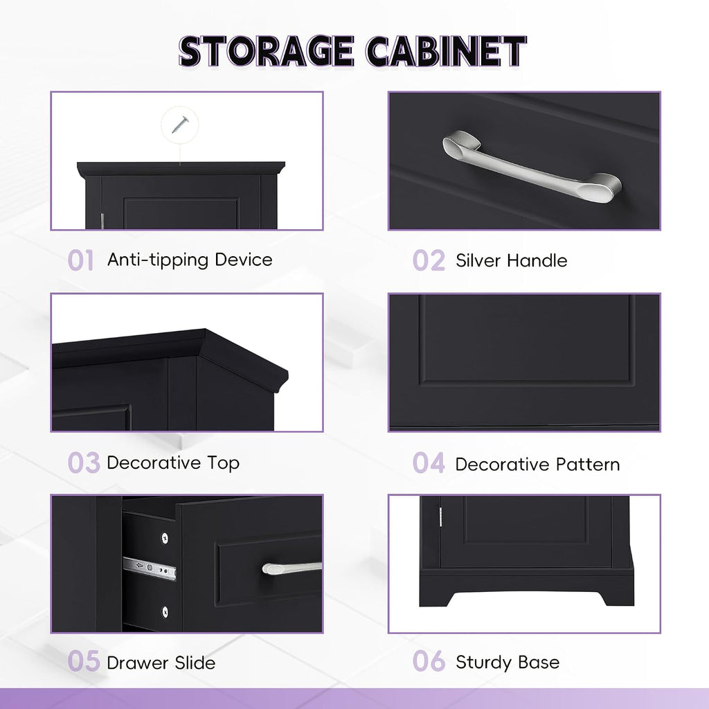 Tall Bathroom Storage Cabinet, Freestanding Bathroom Accent Storage Cabinet with Built-in Door Shelf & Adjustable Shelves, MDF Board with Painted Finish for Home Kitchen, Living room (Black Style4)
