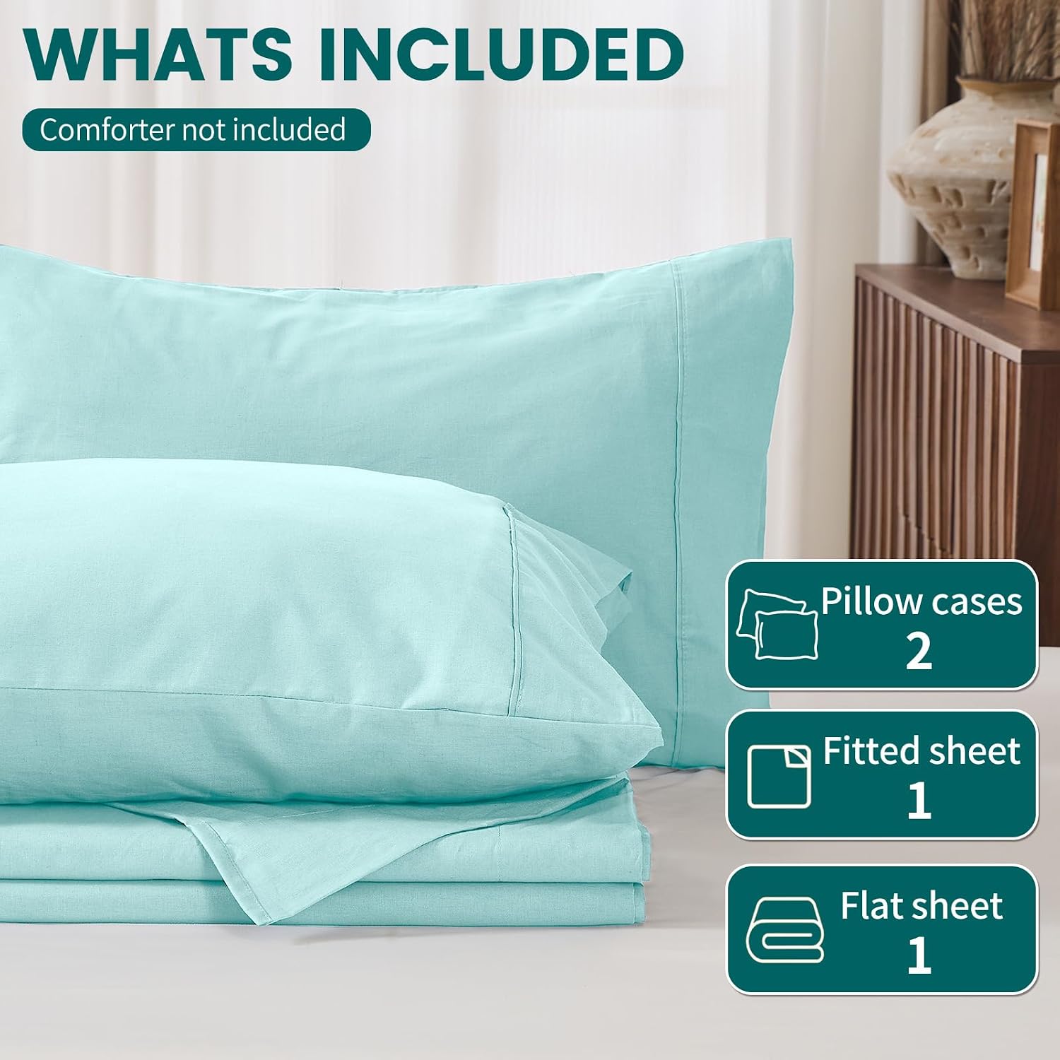 100% Linen Sheets Queen Size,Breathable & Durable 4-Piece Bed Flax Sheet Set,Soft All-Season Bedding for Hot Sleepers 16' Deep Pocket Oeko-TEX Certified,（Queen, Light Blue）