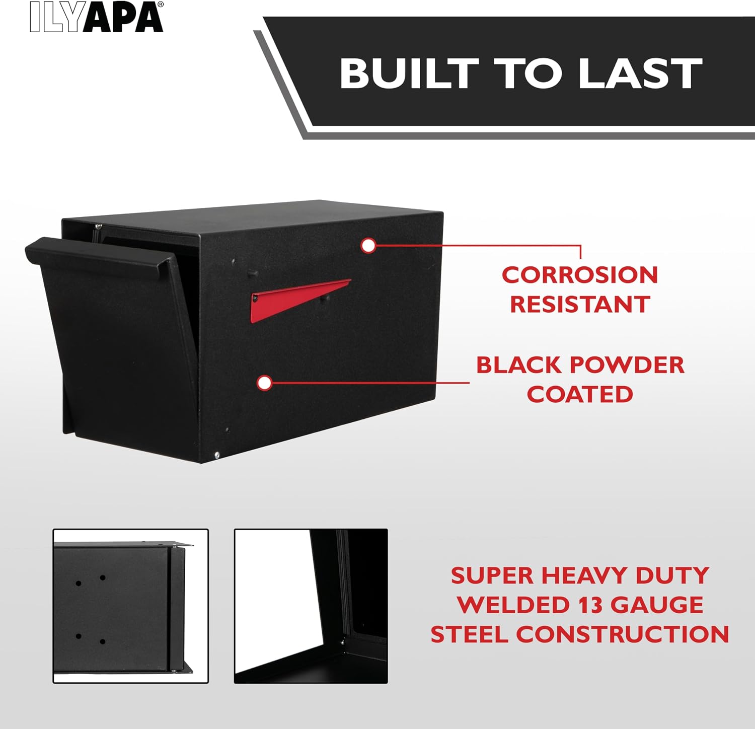 Ilyapa Indestructible Heavy Duty Modern Mailboxes for Outside Post Mount - 21x10x 8 Inch Large Mailbox, Black Heavy Gauge Metal Mail Box - Mail Boxes for House Outside, Rural, Residential or Curbside