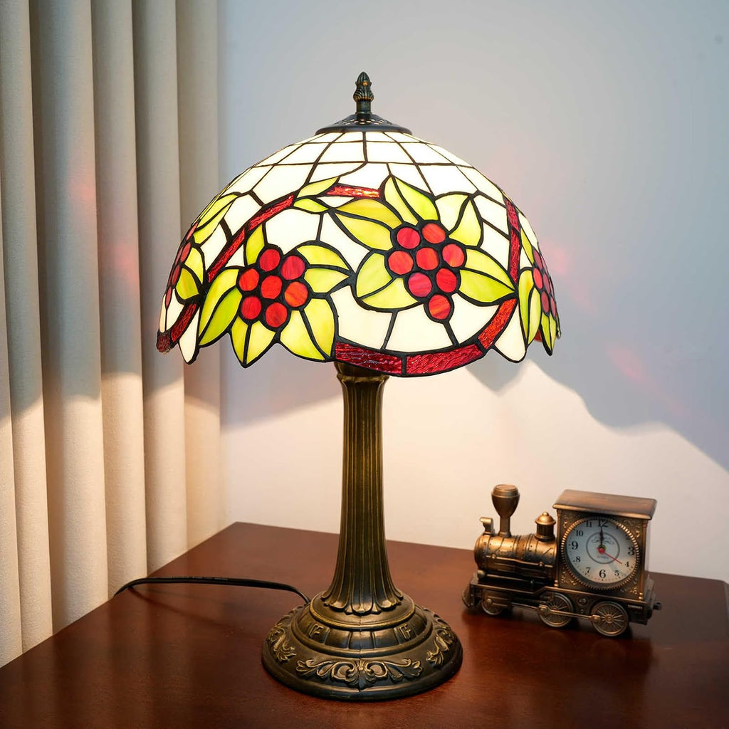 Tiffany Style Table Lamp with Green Leaf Red Grapes Stained Glass Lamp 12 Inch for Bedroom Bedside Lamp Kitchen Living Rooms end Bar Hotel Reading Vintage Art Lampshade Decor LED Desk Light