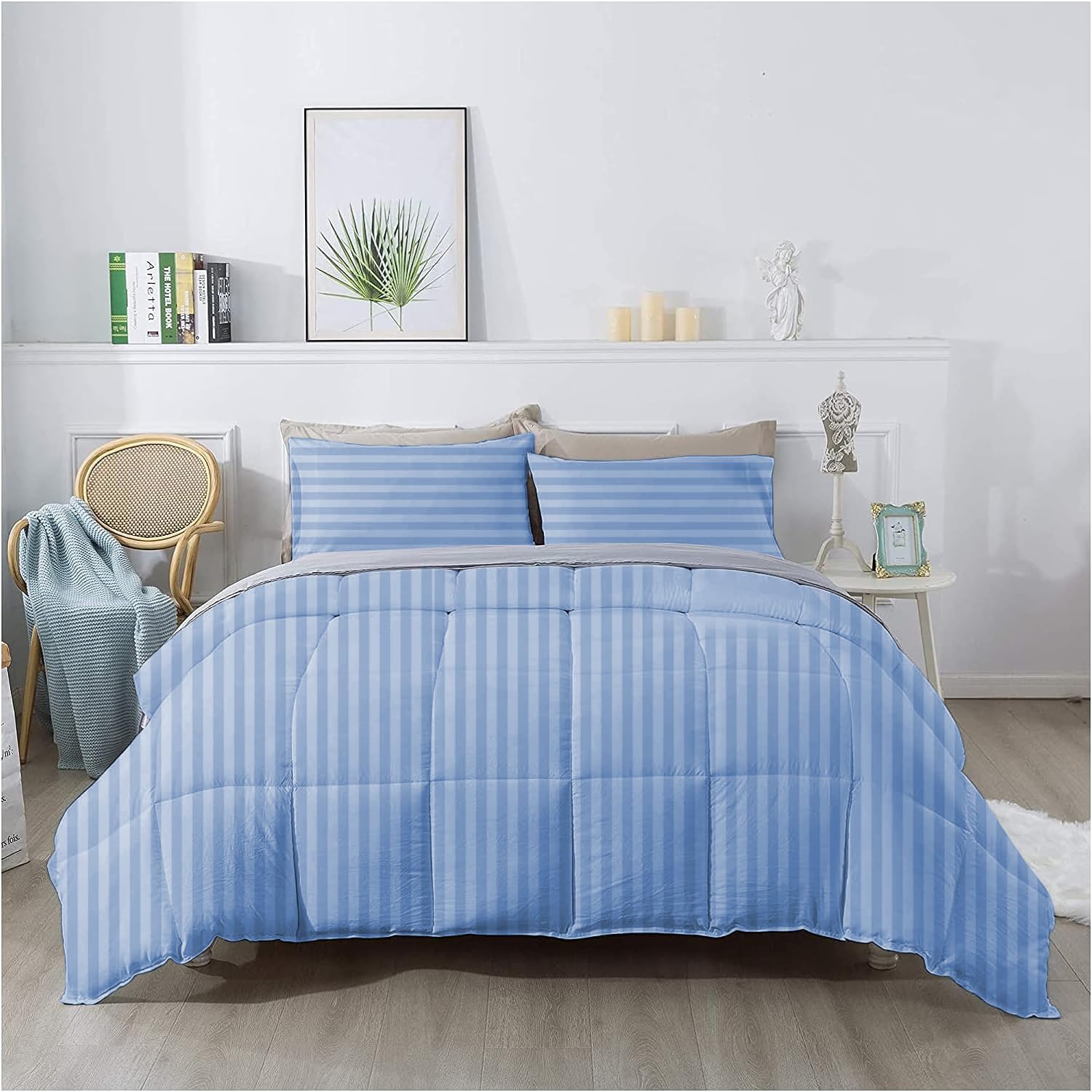 Olivia Rocco 1 Piece 1000 Thread Count Comforter Full XL/Queen Size (88' x 92') Inch 100% Egyptian Cotton Comforter 400 GSM Soft Quality - Light Blue Stripe
