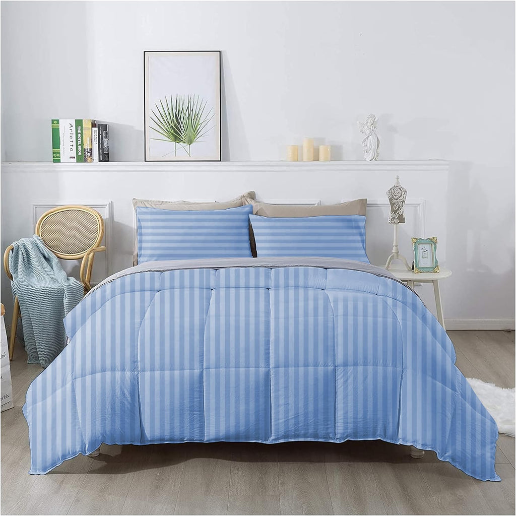 3 Piece 100% Egyptian Cotton 800 Thread Count Comforter Set Full/Queen Size (90' x 90') Inch 400 GSM Luxurious Hotel Collection Ultra-Soft Comforter Set- Light Blue Stripe