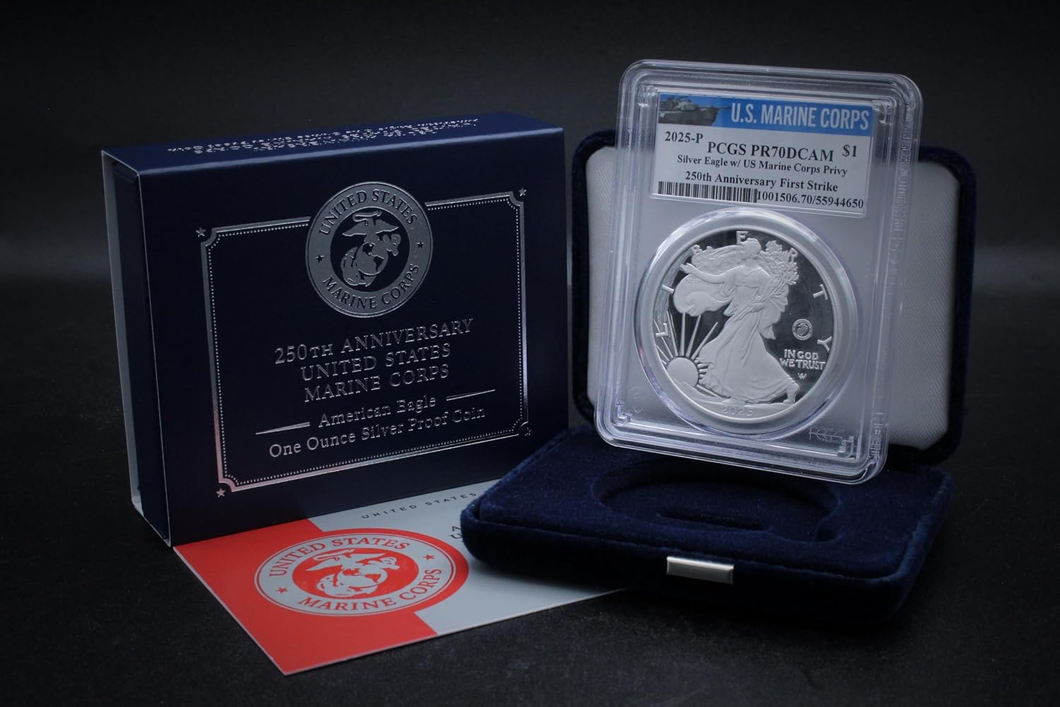 2025 P 1 oz American Silver Eagle U.S. Marine Privy Proof Coin PR-70 Deep Cameo (First Strike - Marine Label) with Official Government Packaging $1 PCGS PR70DCAM