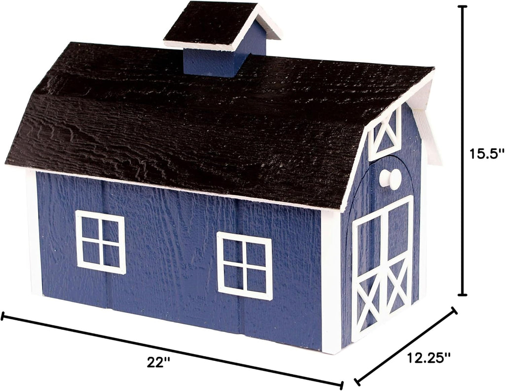 Deluxe Wooden Mailbox, Dutch Barn Style (Navy Blue with White Trim)