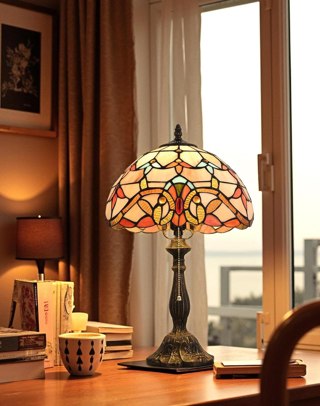 Tiffany Table Lamp, 12-inch Stained Glass Lamp for Living Room, Dining Room, Bedroom, Study Room, Office (Beige Baroque)