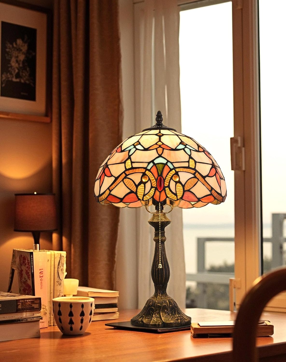 Tiffany Table Lamp, 12-inch Stained Glass Lamp for Living Room, Dining Room, Bedroom, Study Room, Office (Beige Baroque)