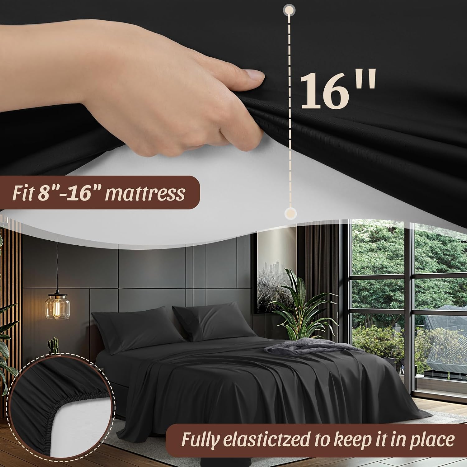 100% Cotton Sheet Set 4 Pcs Clifornia King Size Egyptian Cotton Sheets 1200 Thread Count Soft Breathable Sheet Set with 16' Deep Pocket Fitted Sheet (California King, Black)
