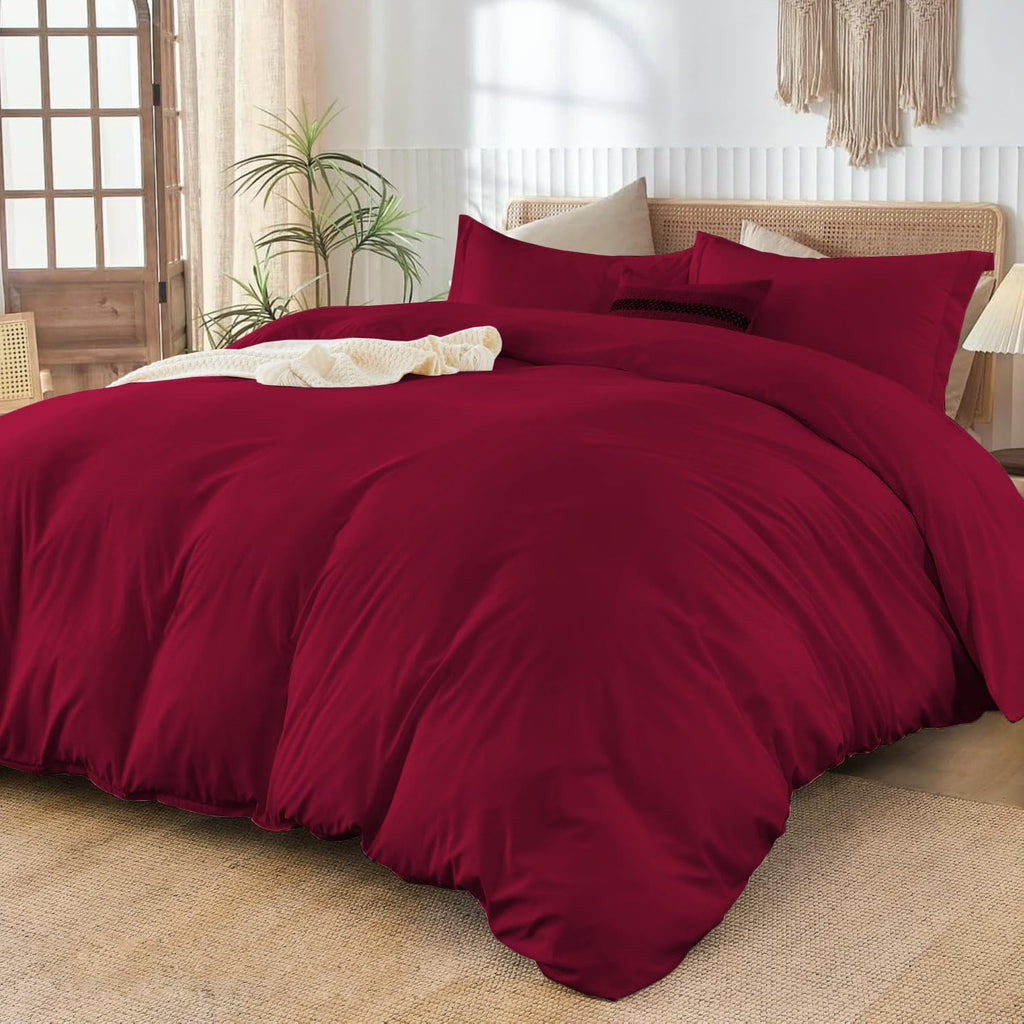800TC 3 Sided Zipper Duvet Cover Set Soft Egyptian Cotton 3 Sided Zipper Closure, 3 PCS 1-Duvet Cover & 2- Pillow Shams - Oversize Queen Size (98' x 98') Inches, (Solid Burgundy)