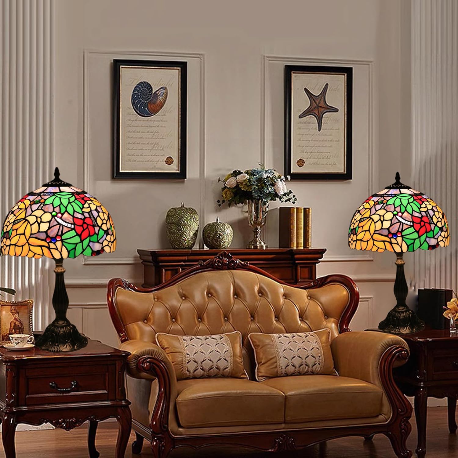 Tiffany Table Lamp for Living Room,Camellia Flower Stained Glass Lamp Shades for Bedside Nightstand Table LampsW/LED Bulb,12X12X19 Inch Tall Home Office Reading Dining Room Desk Lamps