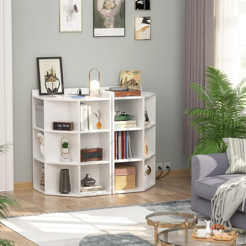 Aheaplus Corner Cabinet, White Corner Storage with USB Ports and Outlets, Corners Cube Toy Storage for Small Space, Wooden Cubby Corner Bookshelf with 9 Cubes for Bedroom, Living Room, Office, White